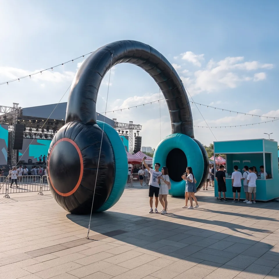 Giant inflatable headphones arch at an outdoor music festival