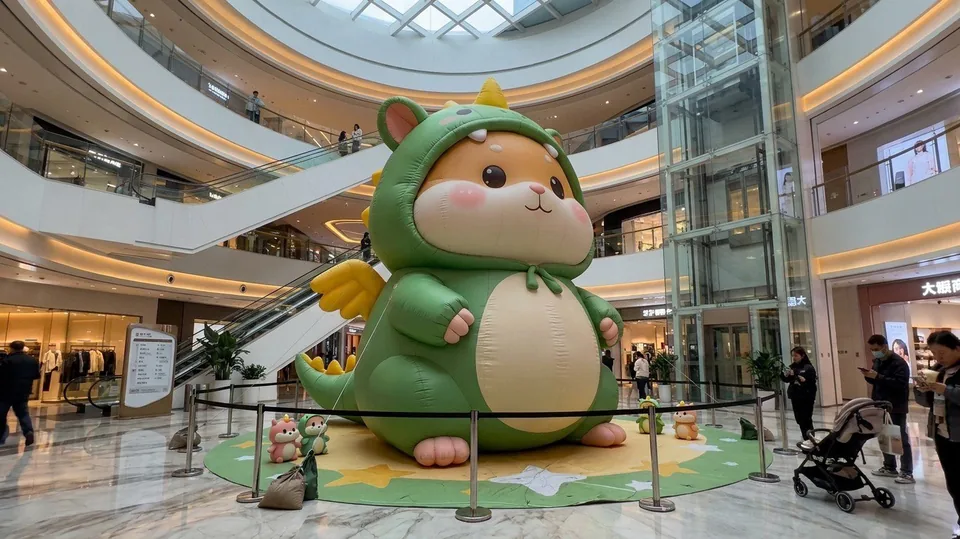 Inflatable hamster in a dinosaur hoodie in a mall atrium