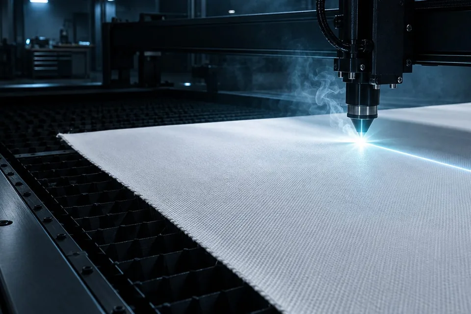 A laser cutting head trimming a panel of coated fabric on a CNC bed