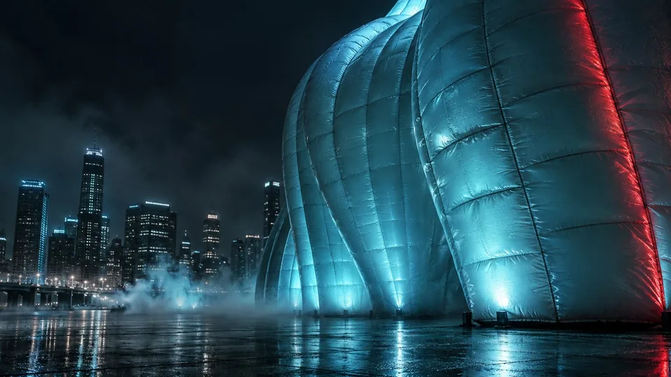 Colossal inflated forms glowing blue beside a night skyline, mist drifting across the ground