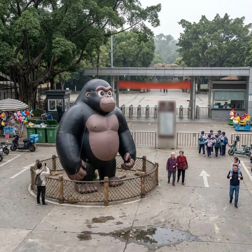 Giant inflatable gorilla at a zoo entrance