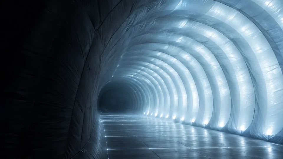 Inside a ribbed inflatable tunnel, bands of light curving away toward a vanishing point