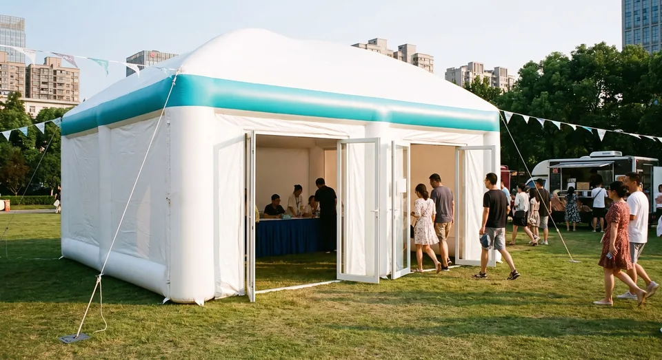 White inflatable air-beam event tent on a lawn