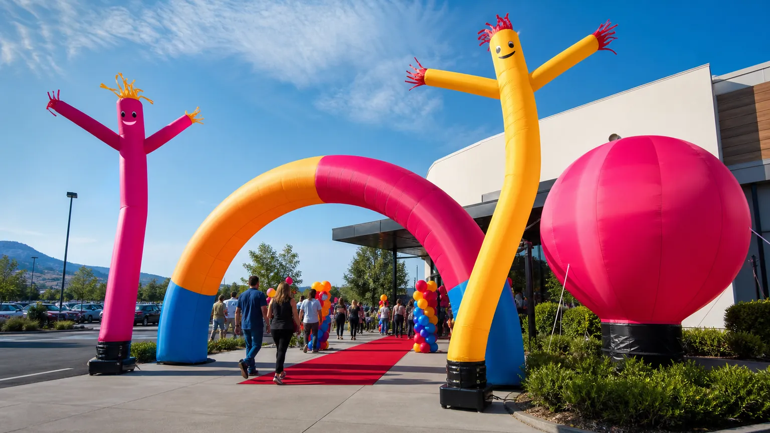Inflatable arch, air dancers and advertising balloon at a grand-opening event