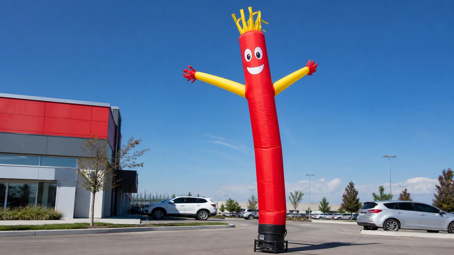 Inflatable air dancer waving at a business forecourt