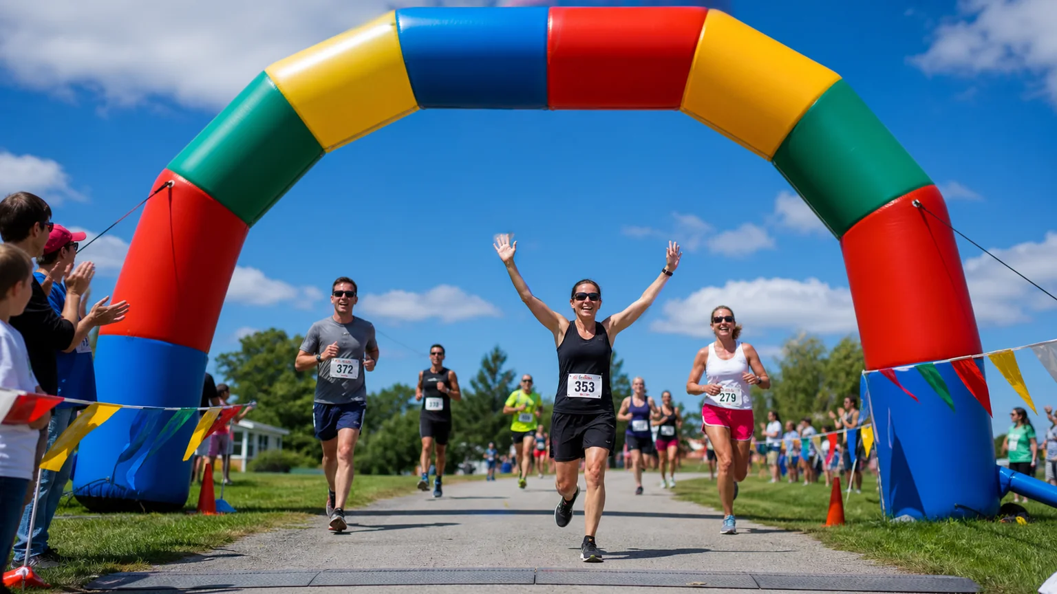 Inflatable arch over a running race finish line