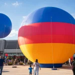 Giant advertising ground balloon and helium sphere at a mall opening