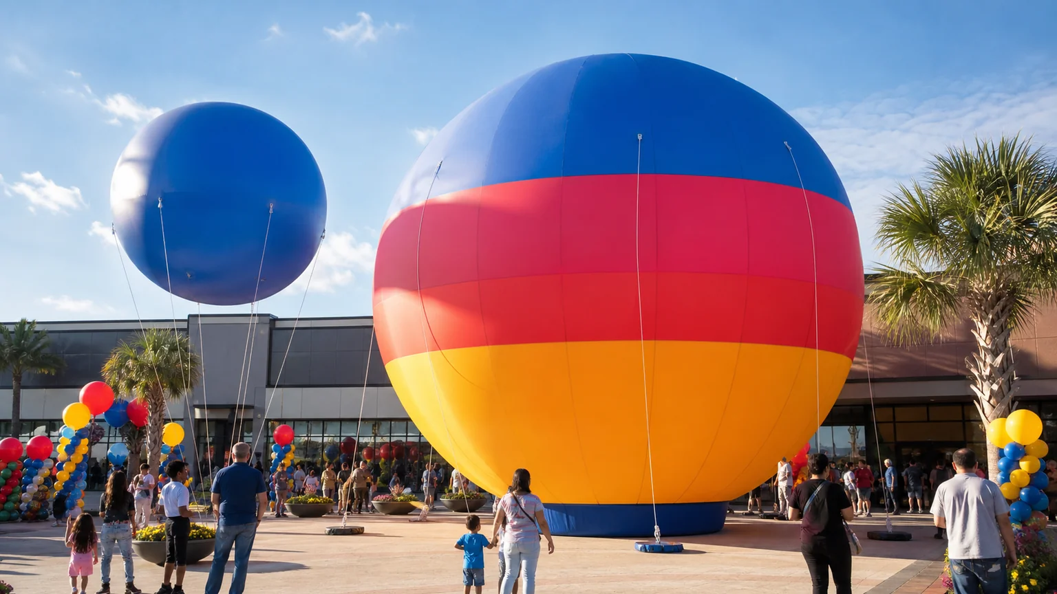 Giant advertising ground balloon and helium sphere at a mall opening
