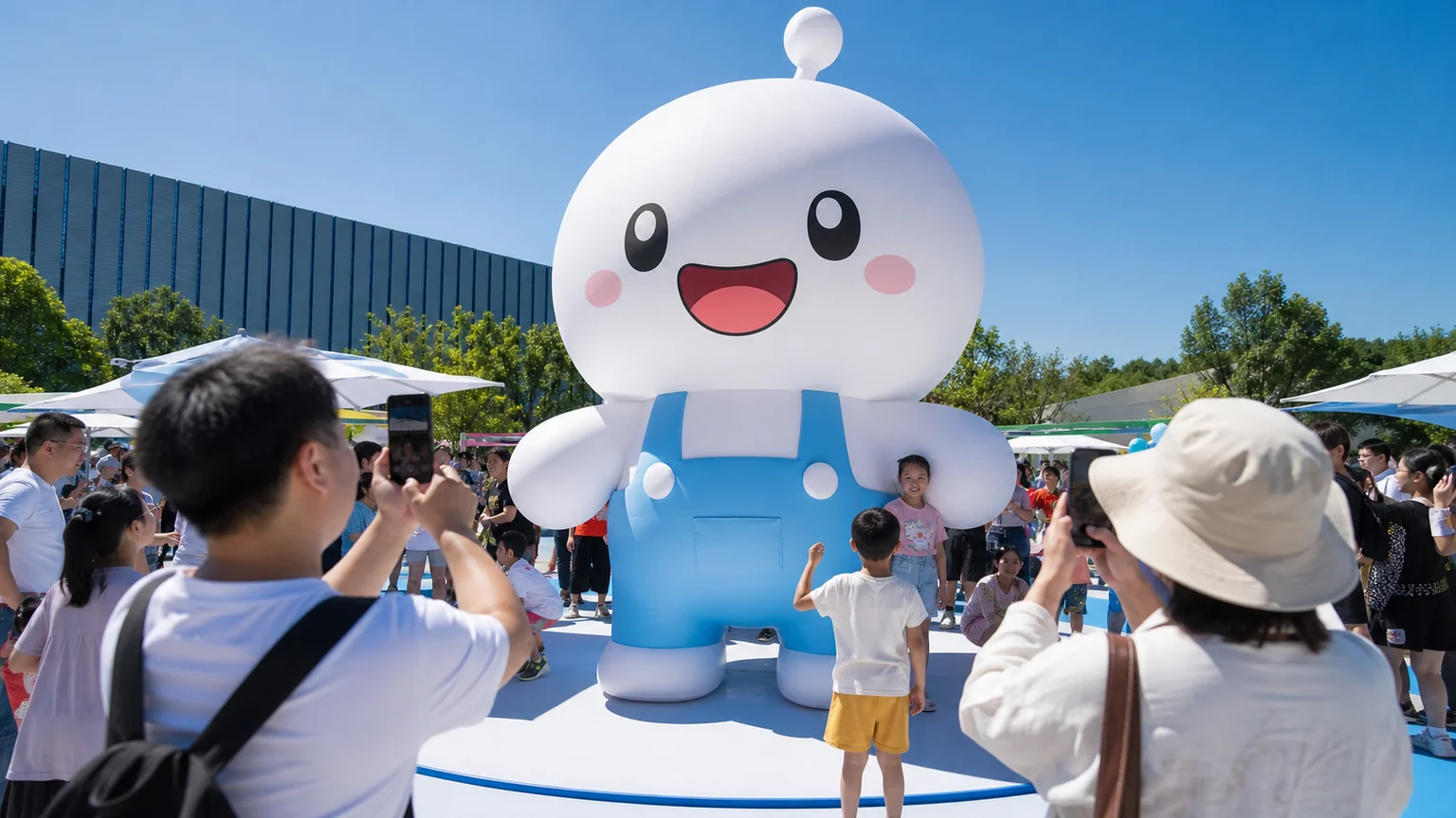 Giant inflatable cartoon mascot at an outdoor brand event