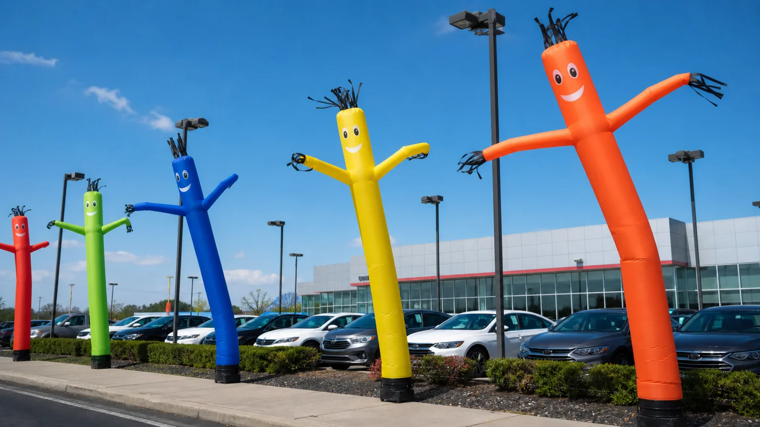 Air dancers lined up along a car dealership frontage