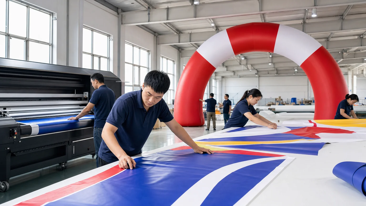 Workers laying out printed PVC panels and quality-checking an inflatable arch in a custom inflatable factory