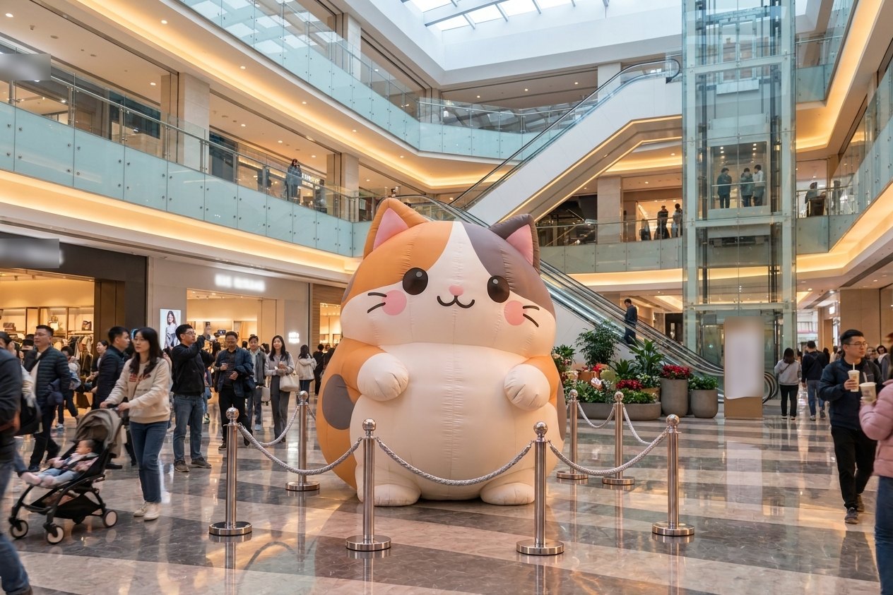 Giant inflatable calico cat in a shopping-mall atrium
