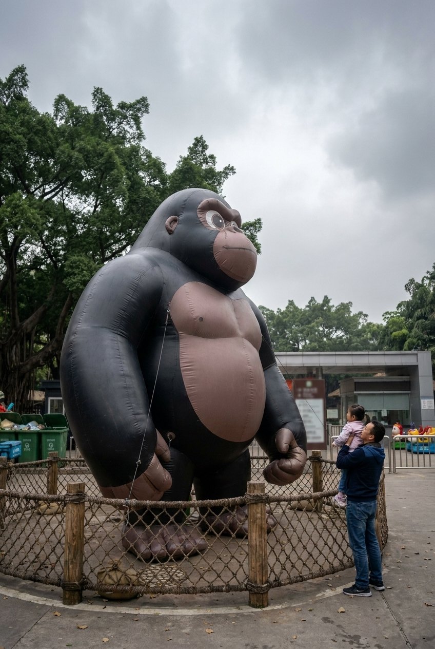 Visitors under the gorilla