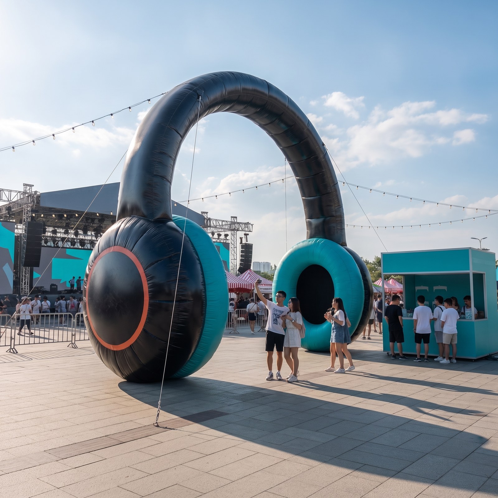 Giant inflatable headphones arch at an outdoor music festival