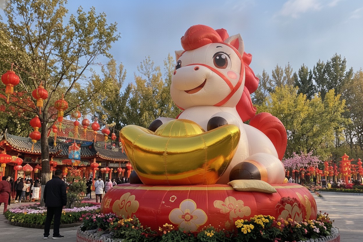 Lunar New Year inflatable horse with a gold ingot at a temple fair