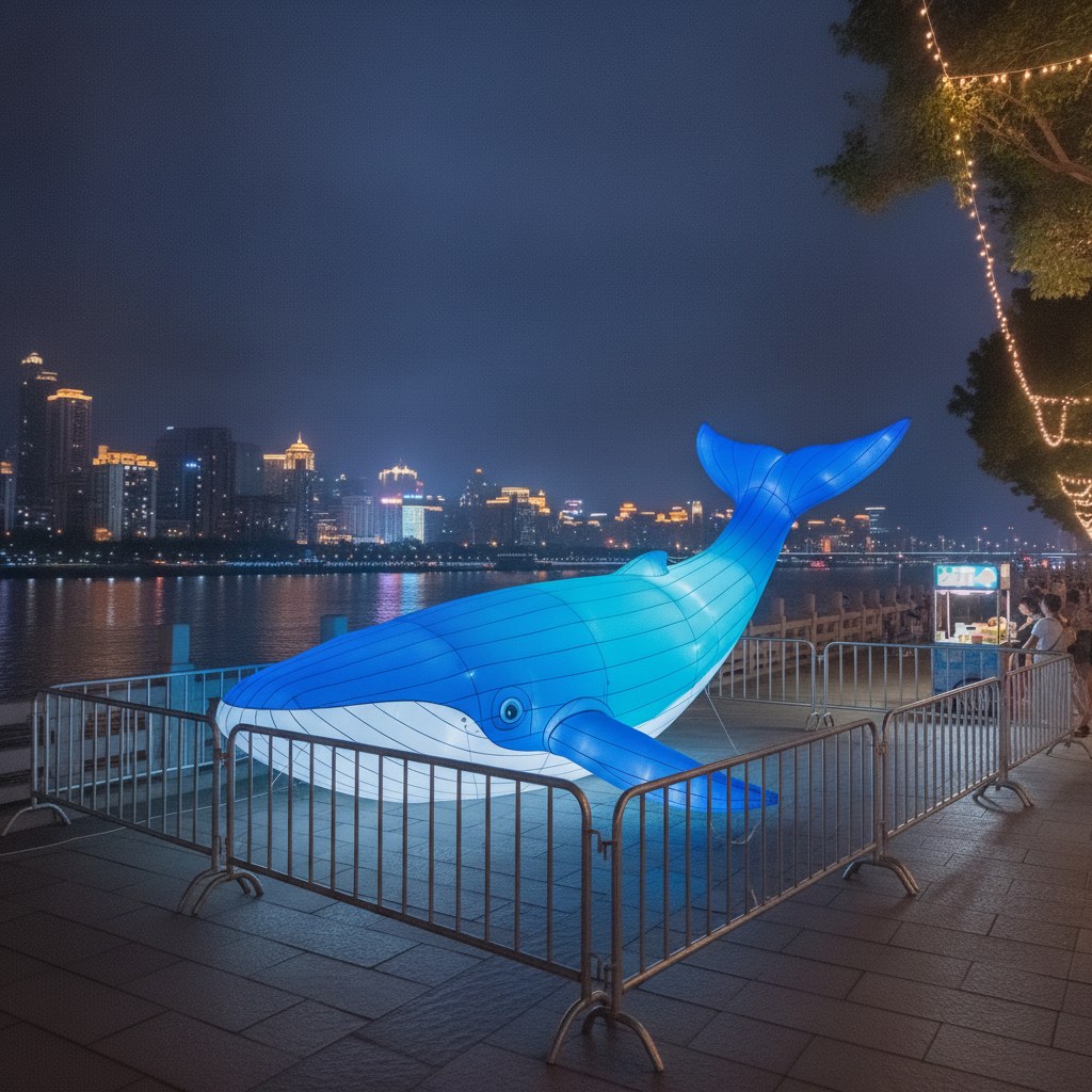 Internally lit inflatable whale on a riverside promenade at night