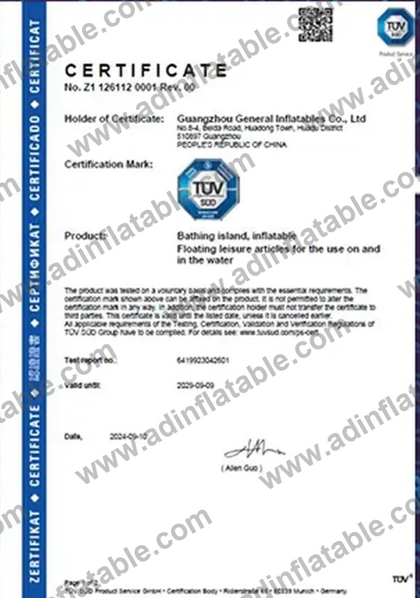 TÜV SÜD certificate — floating leisure inflatables