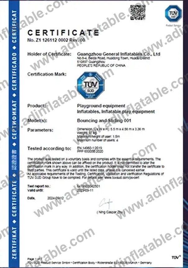 TÜV SÜD certificate — inflatable play equipment, EN 14960-1:2019