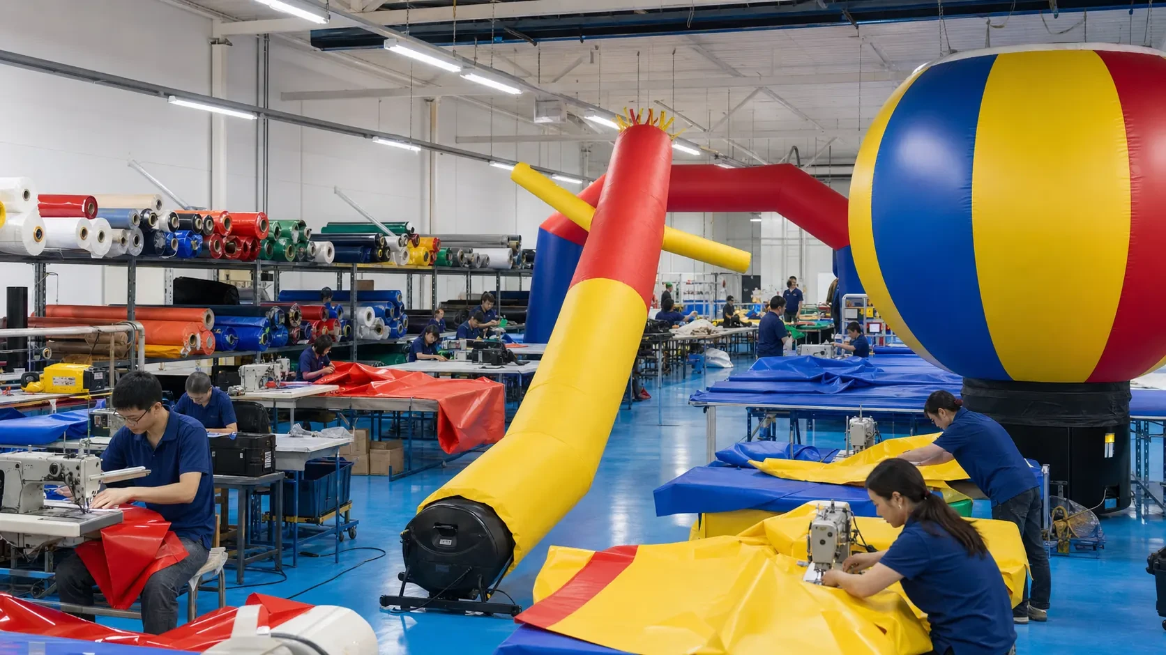 Workers stitching PVC panels for air dancers, arches and balloons on the AdInflatable factory floor