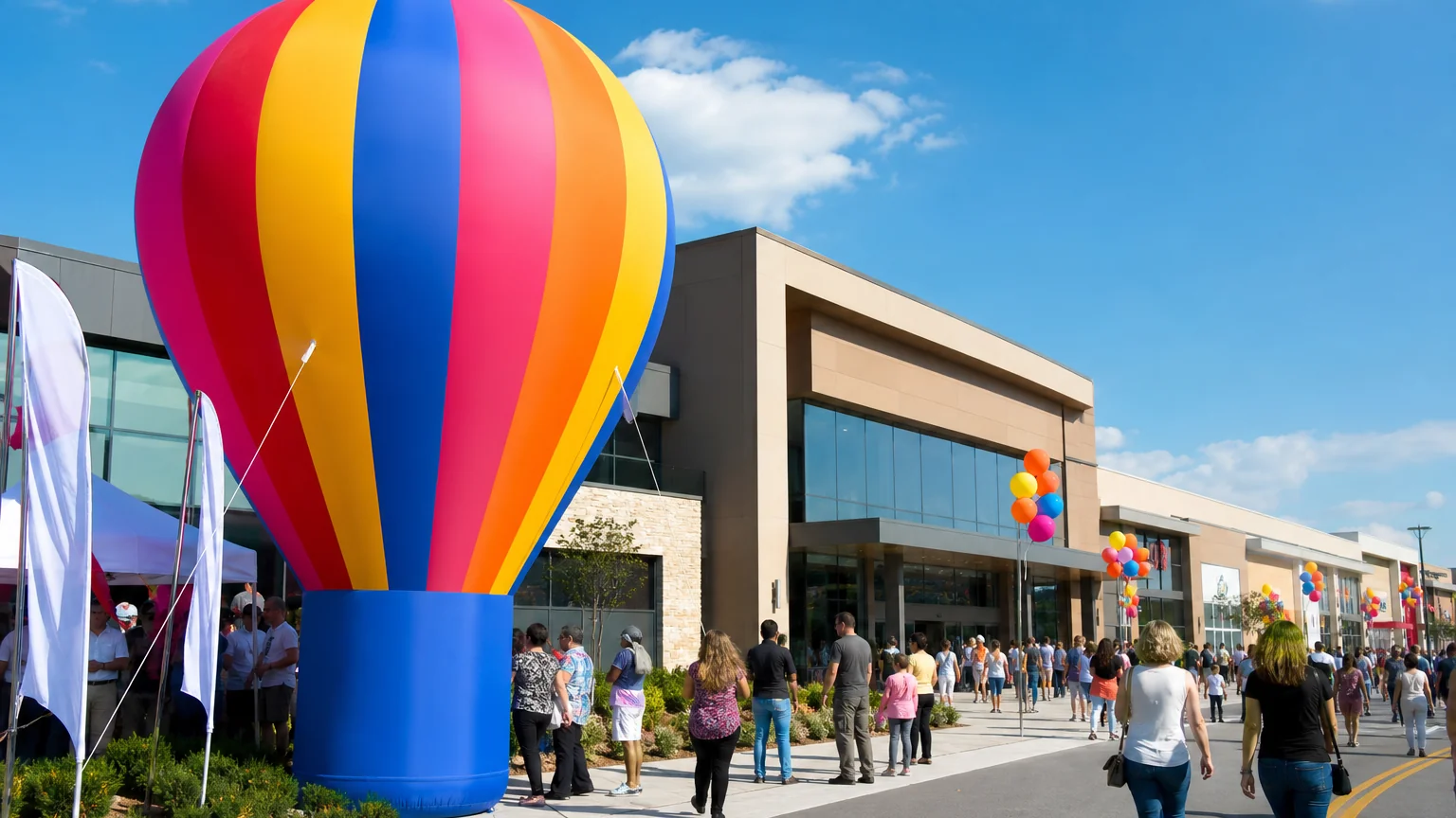 Giant colorful inflatable advertising balloon at an outdoor mall grand opening with crowds