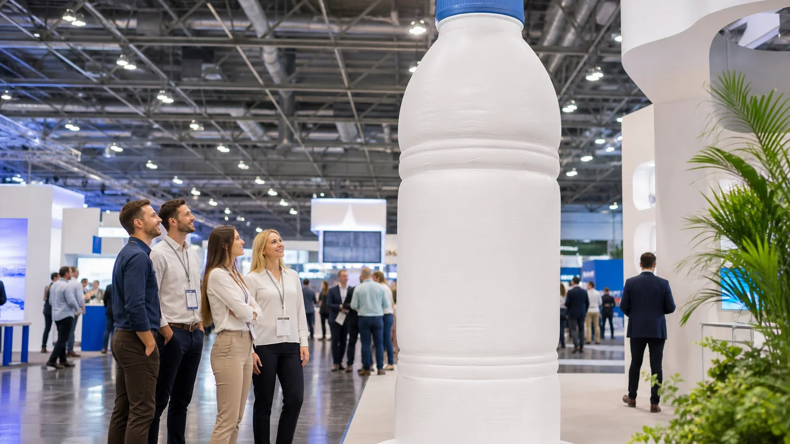 Giant inflatable bottle product replica at a trade show with visitors admiring it