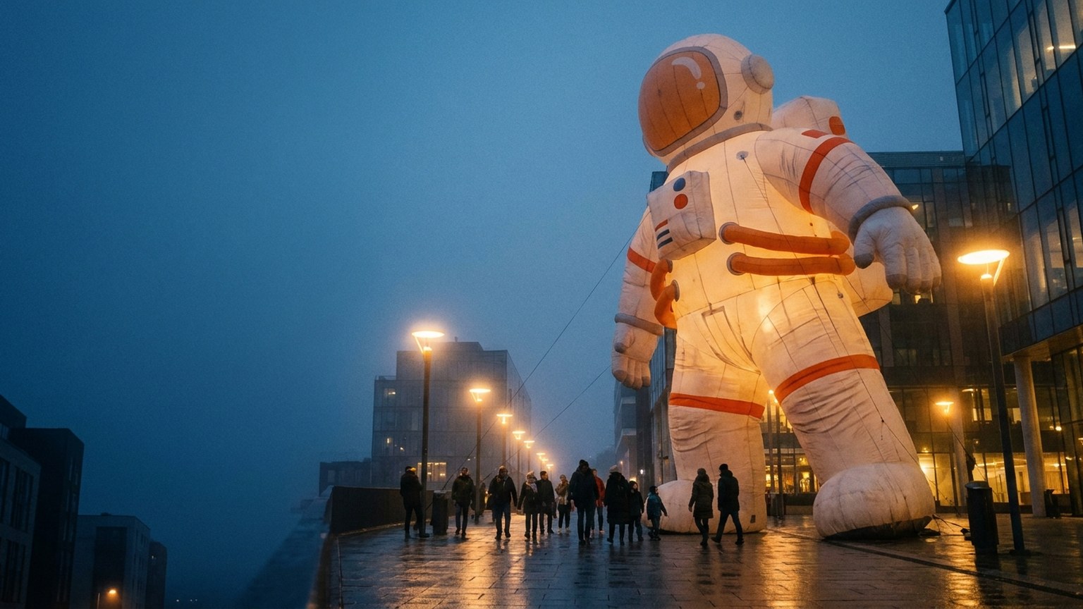 Giant inflatable astronaut mascot standing on a wet city plaza at dusk, a crowd of people walking past its feet