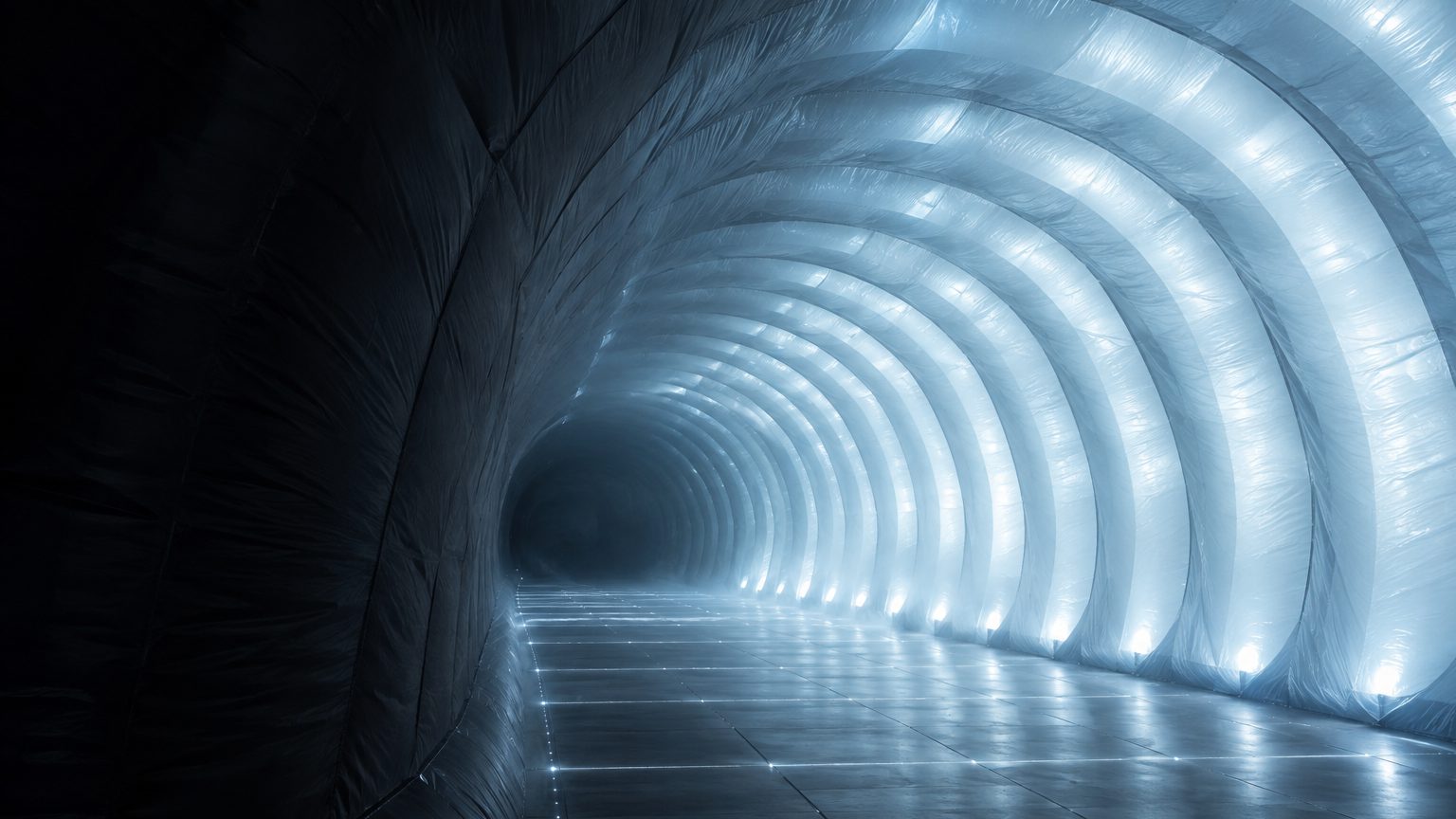 Inside a ribbed inflatable tunnel, bands of light curving away toward a vanishing point