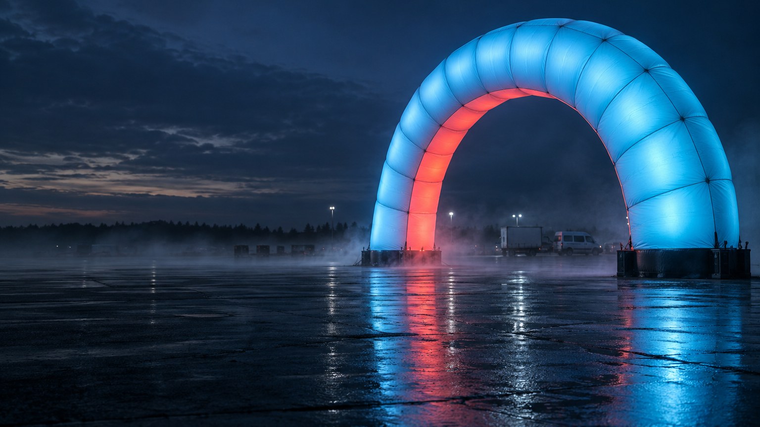 An LED-lit inflatable arch spanning a wet airfield apron at dusk
