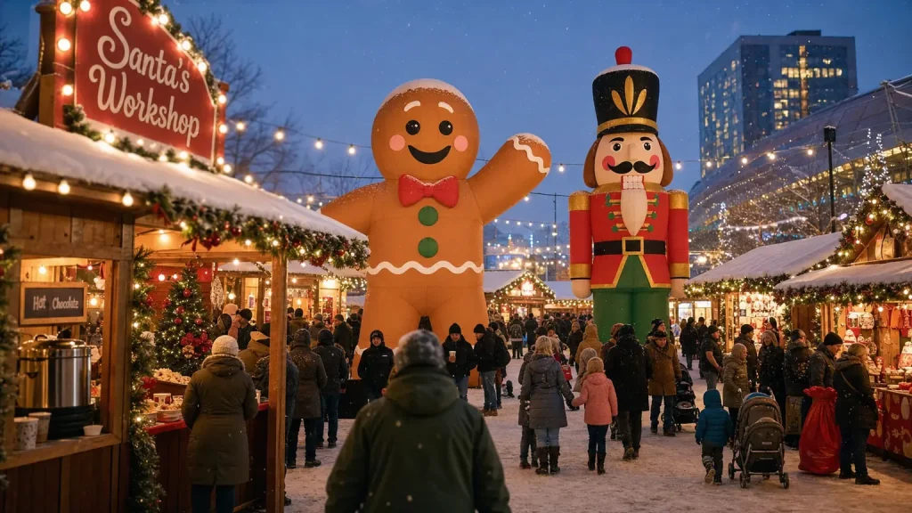Giant inflatable gingerbread man and nutcracker mascots at a festive Christmas market