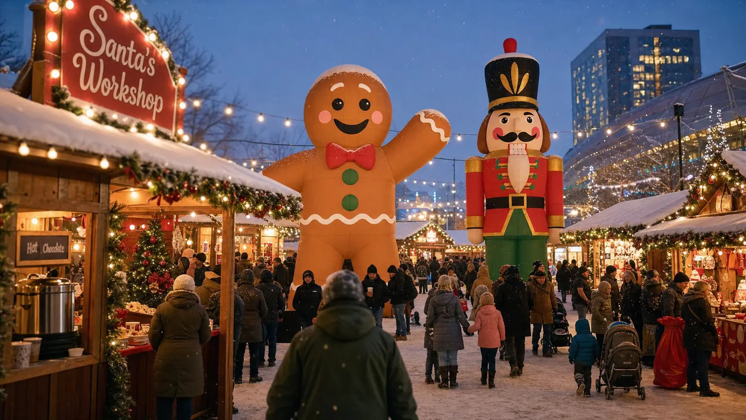 Giant inflatable gingerbread man and nutcracker mascots at a festive Christmas market