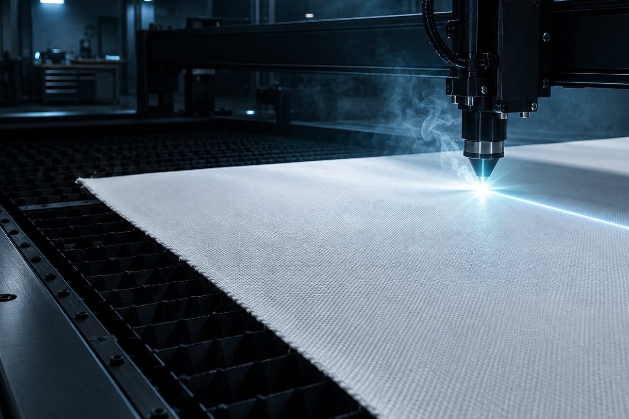 A laser cutting head trimming a panel of coated fabric on a CNC bed