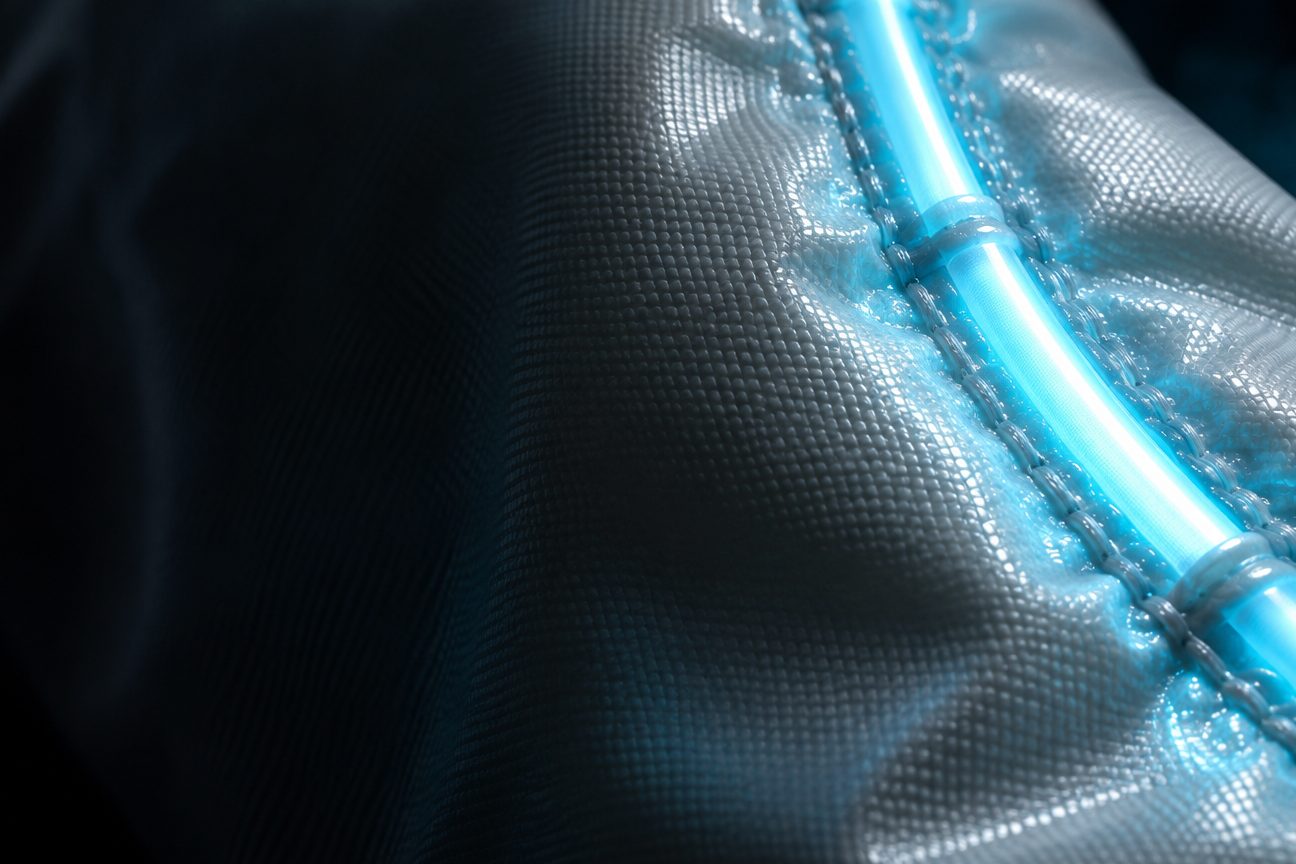 Macro detail of a welded fabric seam with an integrated LED light run