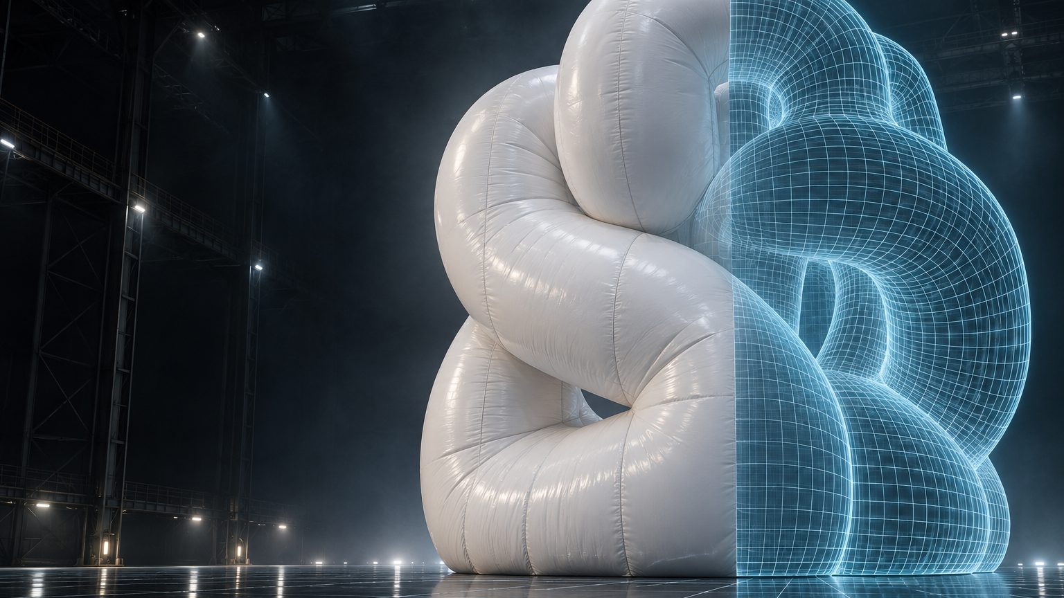 A finished white inflatable form beside its 3D wireframe model, in a dark warehouse