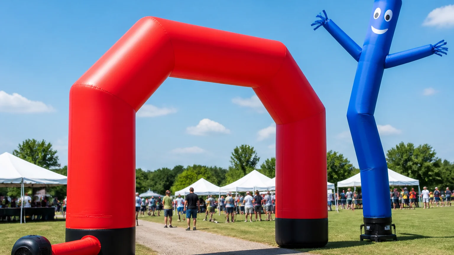 Red inflatable event arch with electric blower and a blue air dancer at an outdoor event