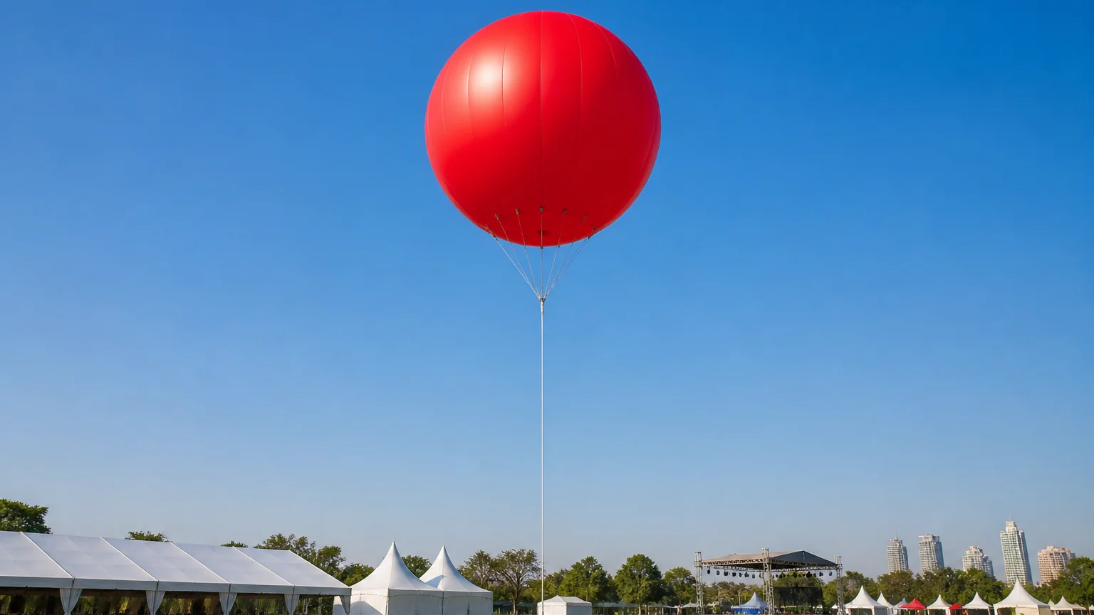 Large red helium advertising balloon tethered above an outdoor event with tents