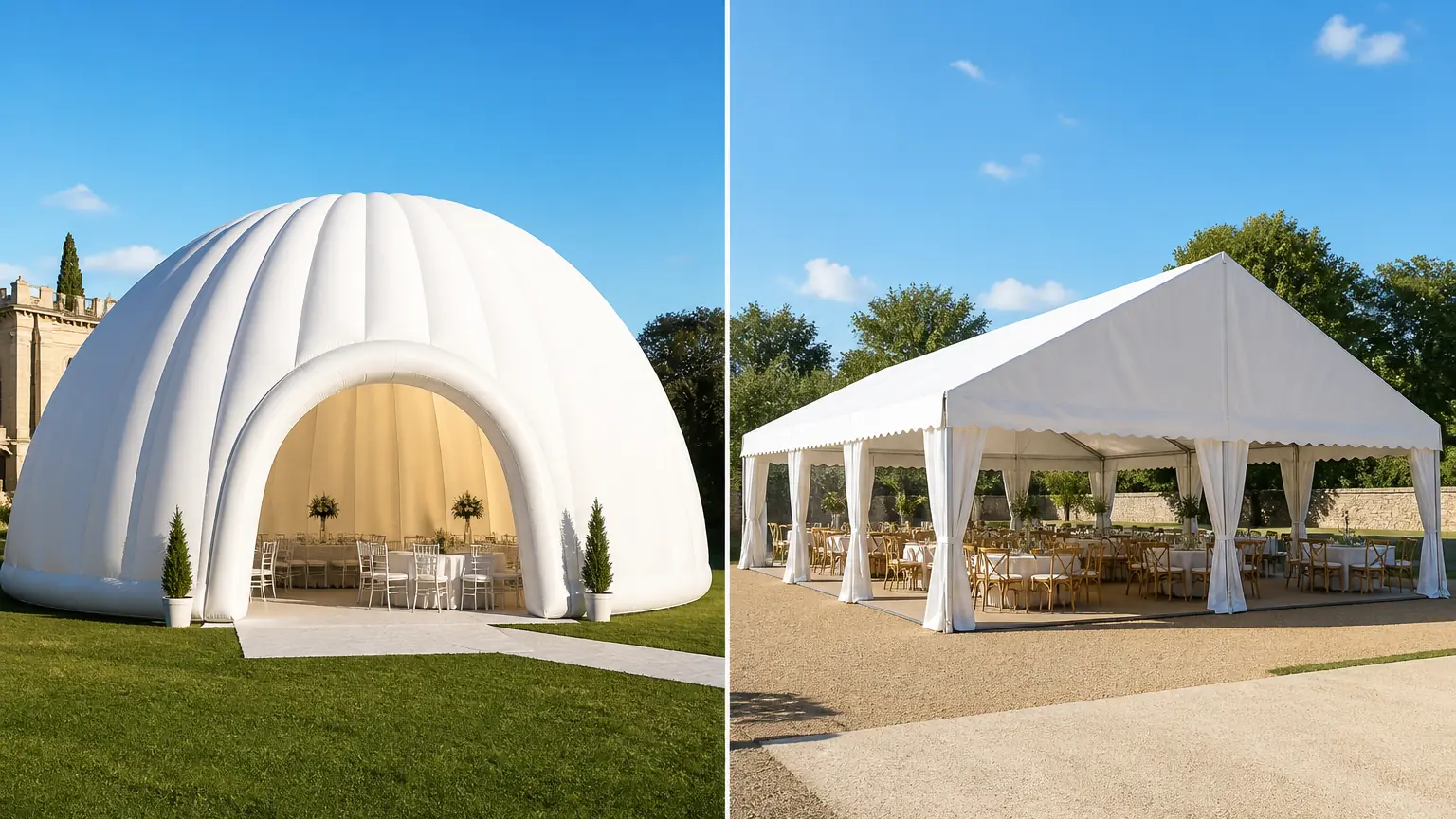 Side by side comparison of a white inflatable dome tent and a white metal frame marquee at an event