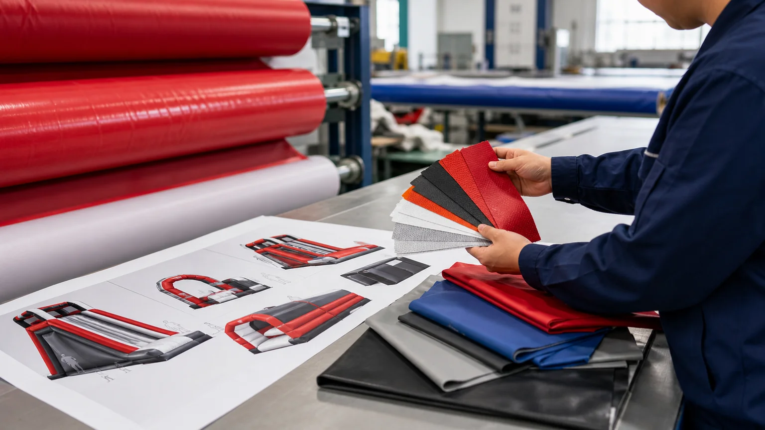 Factory worker checking PVC fabric colour swatches against inflatable design drawings