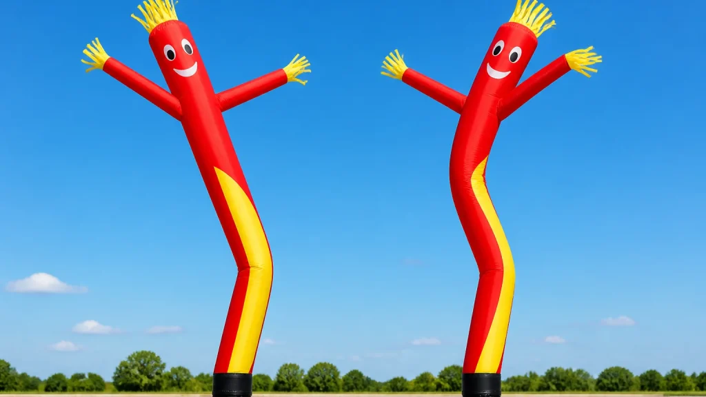 Two red and yellow inflatable sky dancers, also called tube men or air dancers, against a blue sky