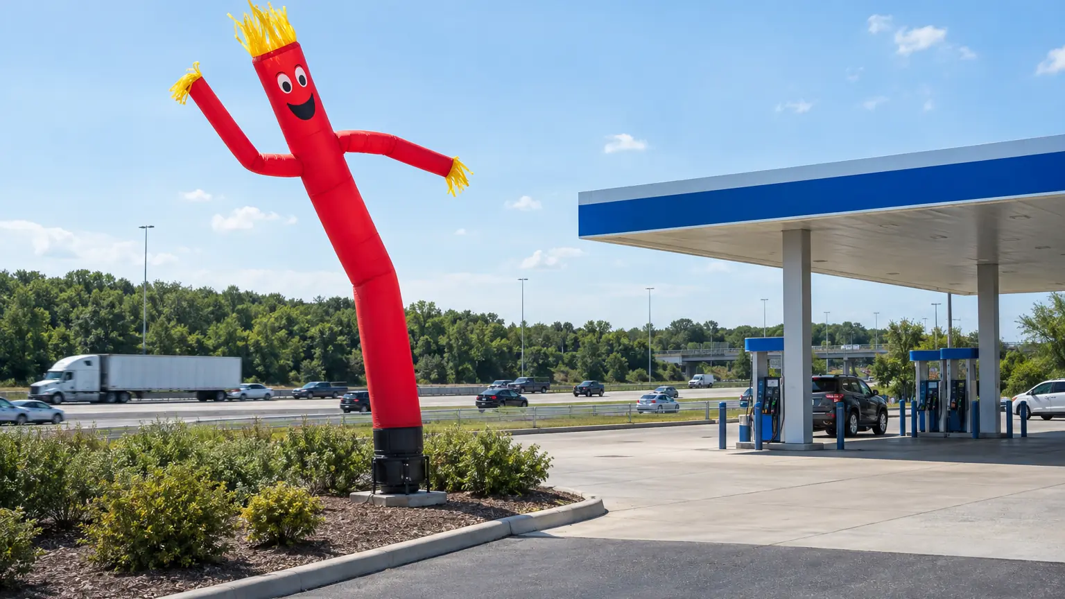 Aufblasbarer Tänzer an einer Tankstelle, sichtbar von der Autobahn