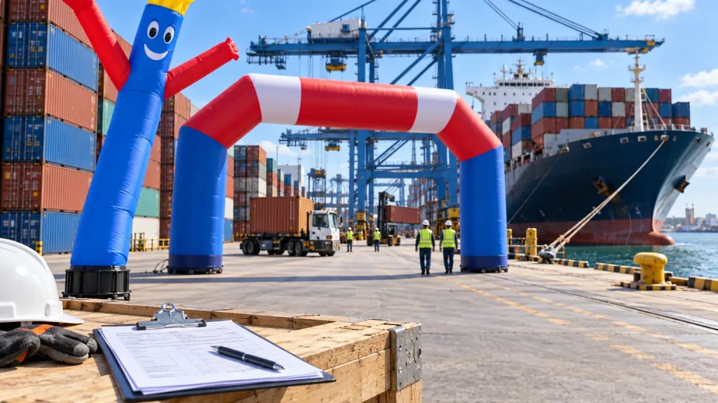 Aufblasbarer Tänzer und gebrandeter Bogen an einem Containerterminal mit Exportpapieren im Vordergrund