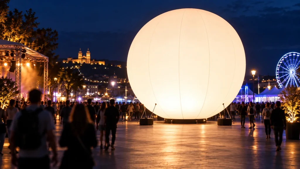 Großer, intern beleuchteter, aufblasbarer Werbeballon, der an einem abendlichen Outdoor-Veranstaltungsplatz mit Menschenmシルエットen leuchtet