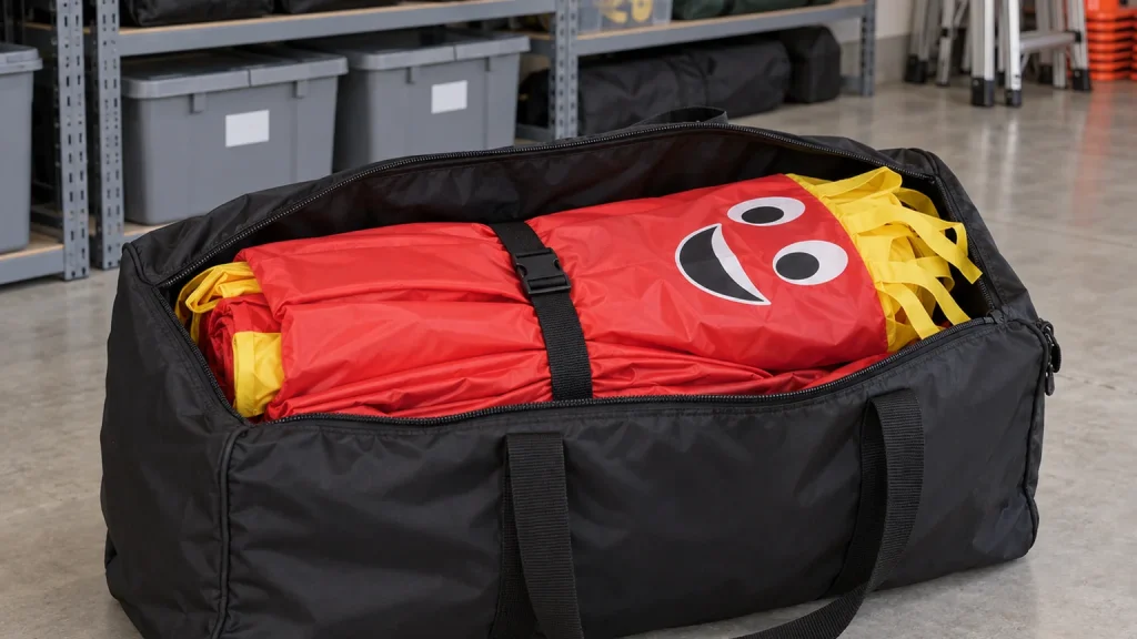 A folded air dancer rolled and strapped inside a black storage bag in a storage room with shelving