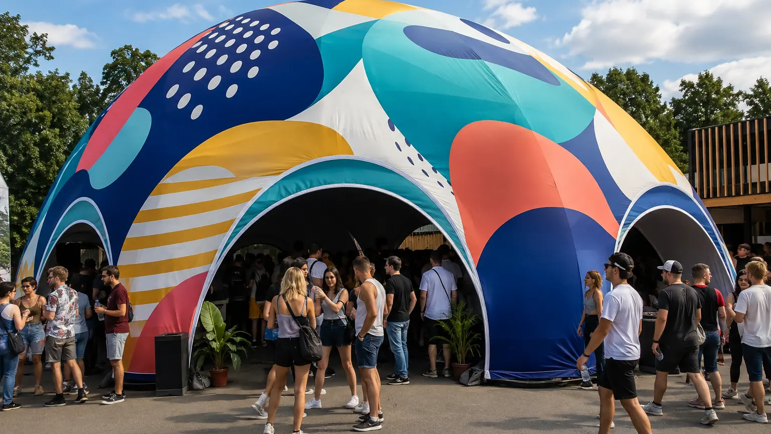 A colourful custom-printed inflatable dome tent with abstract graphics surrounded by a crowd at an event