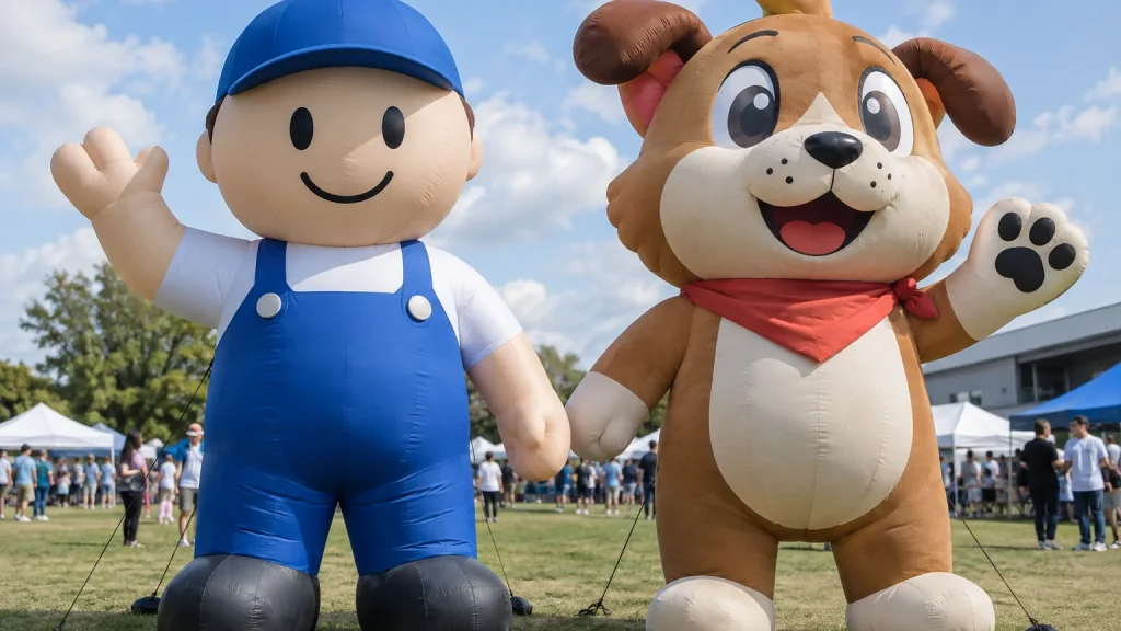 Two giant inflatable mascots at an outdoor event, a generic stock character beside a custom dog mascot