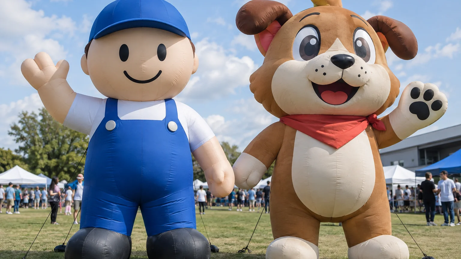 Two giant inflatable mascots at an outdoor event, a generic stock character beside a custom dog mascot