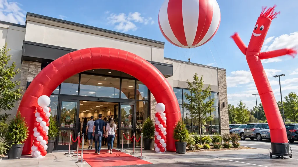 Store grand opening with a red inflatable arch, ground balloon and air dancer and customers entering