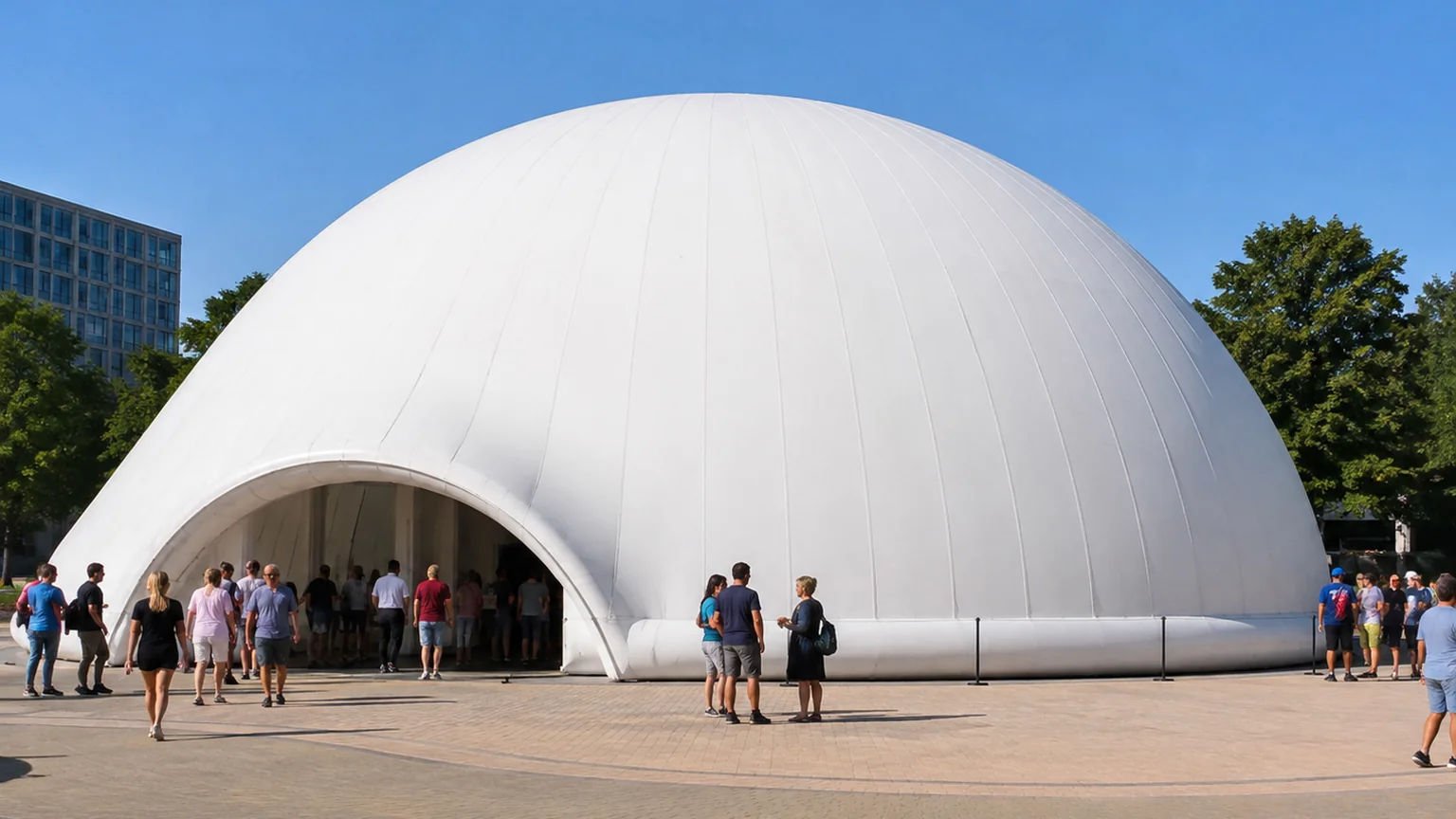 A large white inflatable dome tent in a public plaza with people gathered around the entrance
