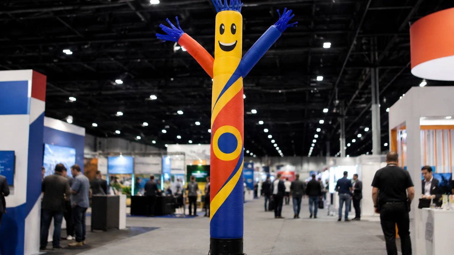 A brightly printed air dancer standing in a trade show hall aisle with booths and attendees