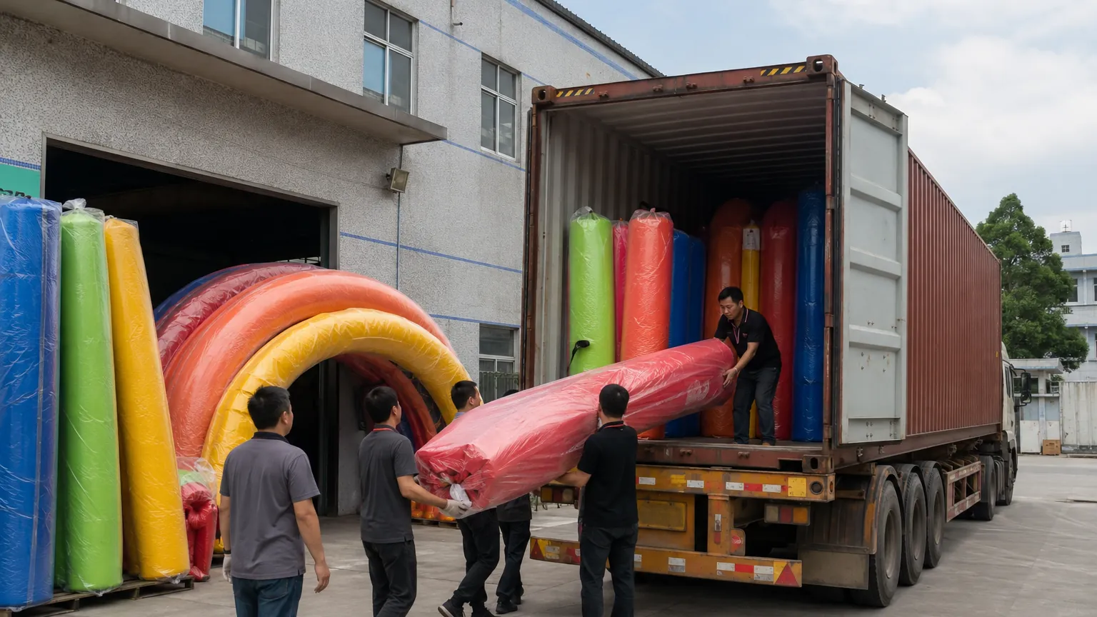 Factory workers loading packed advertising inflatables into a shipping container for export