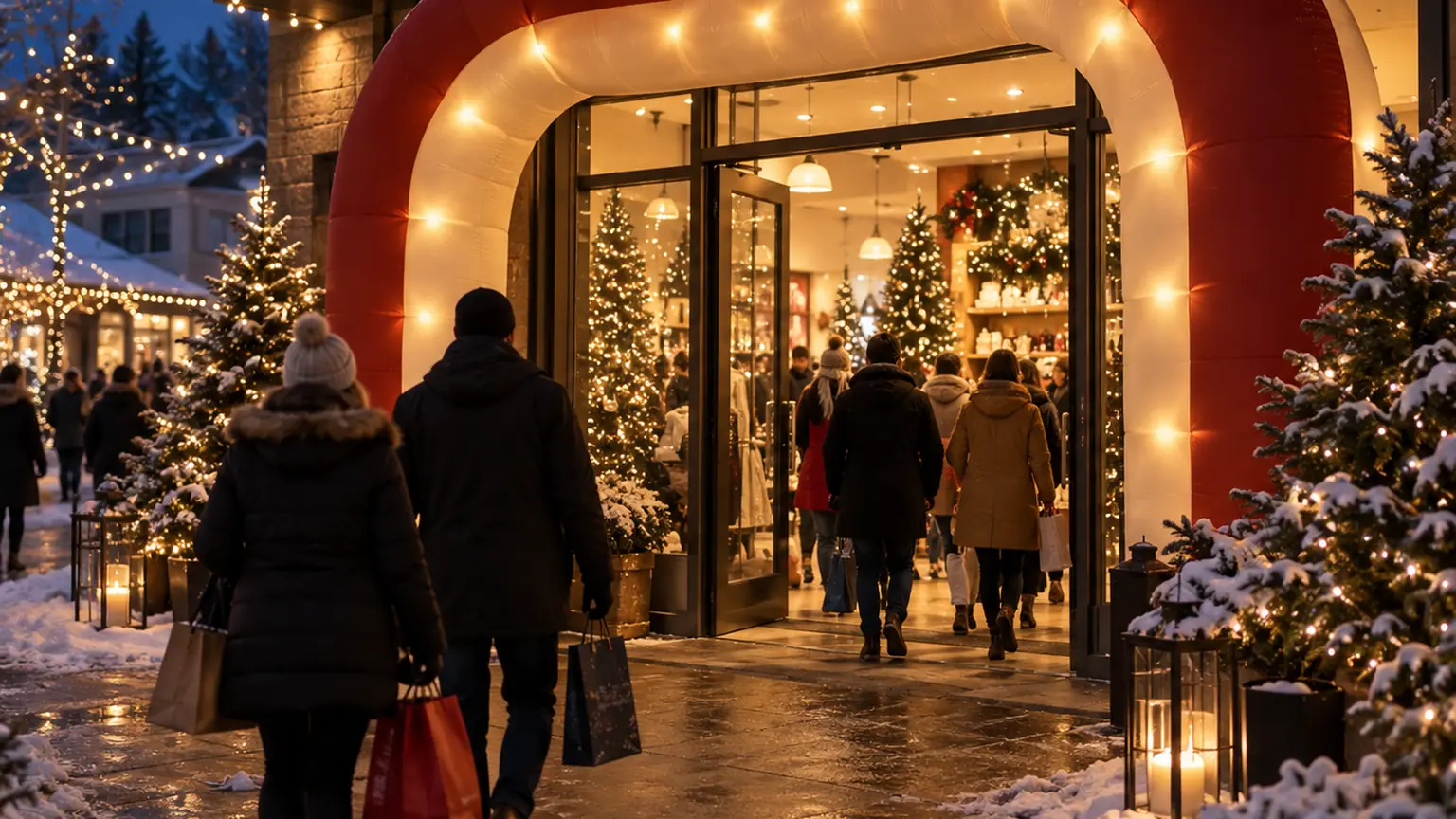 A lit inflatable entrance arch at a store on a snowy evening with holiday shoppers and Christmas trees